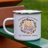 Thanksgiving Customizable with Family Name or any text Retro Style 12oz Tin Mug. On Mug is Wishing You A Very Happy Thanks Giving and your family name or any other text you'd like.