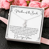 The perfect gift for mom on your wedding day.Ribbon shaped,14K white gold over stainless steel,clear crystals, a sparkling 7mm round Cubic Zirconia. Includes heartfelt message card from daughter to Mother.