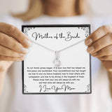 The perfect gift for mom on your wedding day.Ribbon shaped,14K white gold over stainless steel,clear crystals, a sparkling 7mm round Cubic Zirconia. Includes heartfelt message card from daughter to Mother.