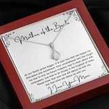 The perfect gift for mom on your wedding day.Ribbon shaped,14K white gold over stainless steel,clear crystals, a sparkling 7mm round Cubic Zirconia. Includes heartfelt message card from daughter to Mother.